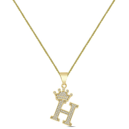 14K Yellow Gold Finish 1.00 Cwt. Simulated Diamond Crown Initial Letter Alphabet Unisex Charm Pendant Rope Chain Neckless Set Small 1.5''
