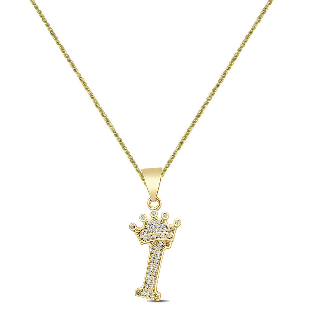 14K Yellow Gold Finish 1.00 Cwt. Simulated Diamond Crown Initial Letter Alphabet Unisex Charm Pendant Rope Chain Neckless Set Small 1.5''
