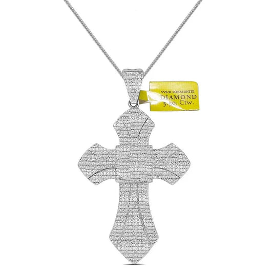 30+ Grams Big 3'' Hand Set Real Genuine 5.50 Cwt. Certified VVS/D Moissanite Diamond 14K White Gold Finish Jesus Cross Piece Pendant Charm +Chain