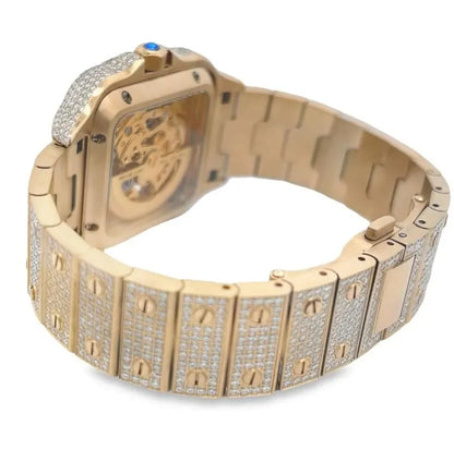 Real Genuine Certified 24.76 Cwt. VVS/D Moissanite Diamond 14K Gold Finish Luxury Automatic Skeleton Dial Men's Steel Custom Designer Watch