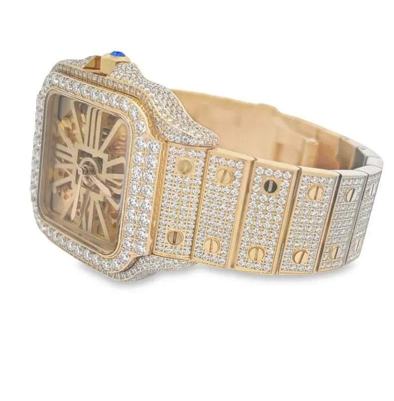 Real Genuine Certified 24.76 Cwt. VVS/D Moissanite Diamond 14K Gold Finish Luxury Automatic Skeleton Dial Men's Steel Custom Designer Watch
