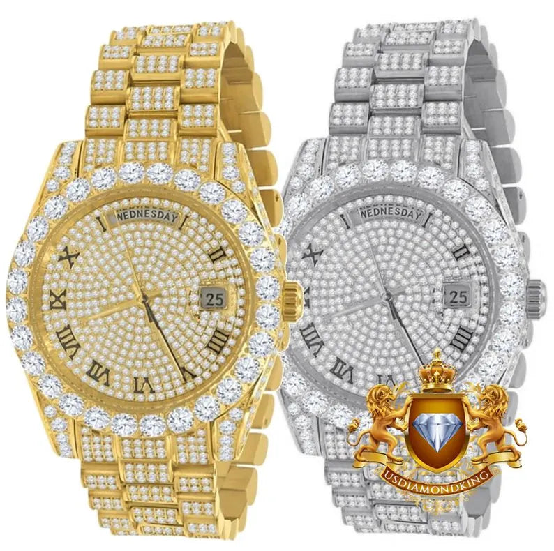 Real Genuine Certified 24.65 Cwt. VVS/D Moissanite Diamond Men's Solid Steel 14K Gold Finish Luxury Automatic Designer Custom Watch 40mm