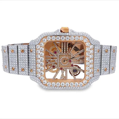 Real Genuine Certified 24.76 Cwt. VVS/D Moissanite Diamond 14K Gold Finish Luxury Automatic Skeleton Dial Men's Steel Custom Designer Watch