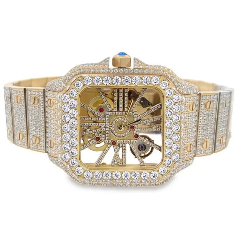 Real Genuine Certified 24.76 Cwt. VVS/D Moissanite Diamond 14K Gold Finish Luxury Automatic Skeleton Dial Men's Steel Custom Designer Watch