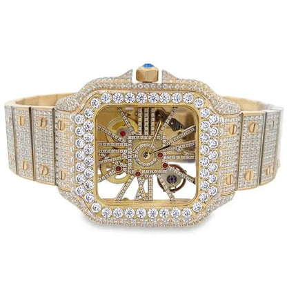 Real Genuine Certified 24.76 Cwt. VVS/D Moissanite Diamond 14K Gold Finish Luxury Automatic Skeleton Dial Men's Steel Custom Designer Watch