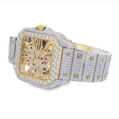 Real Genuine Certified 24.76 Cwt. VVS/D Moissanite Diamond 14K Gold Finish Luxury Automatic Skeleton Dial Men's Steel Custom Designer Watch