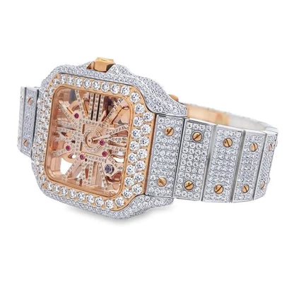 Real Genuine Certified 24.76 Cwt. VVS/D Moissanite Diamond 14K Gold Finish Luxury Automatic Skeleton Dial Men's Steel Custom Designer Watch
