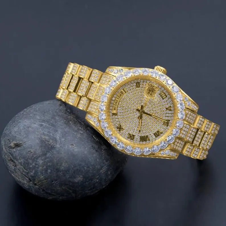 Real Genuine Certified 24.65 Cwt. VVS/D Moissanite Diamond Men's Solid Steel 14K Gold Finish Luxury Automatic Designer Custom Watch 40mm