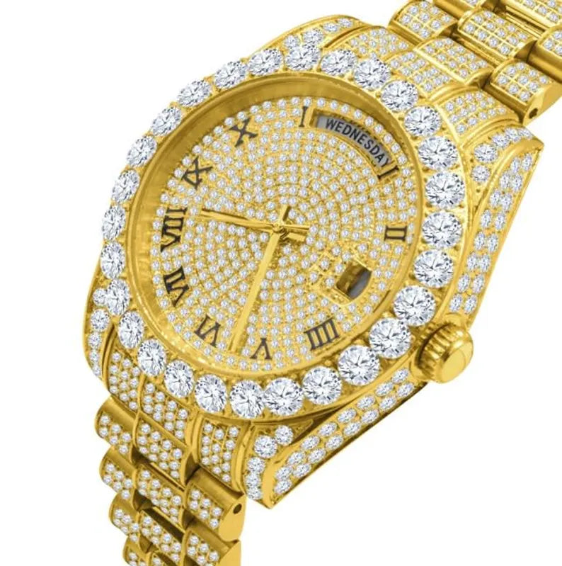 Real Genuine Certified 24.65 Cwt. VVS/D Moissanite Diamond Men's Solid Steel 14K Gold Finish Luxury Automatic Designer Custom Watch 40mm