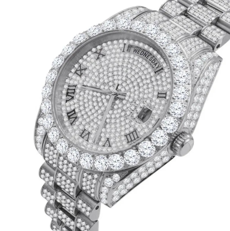Real Genuine Certified 24.65 Cwt. VVS/D Moissanite Diamond Men's Solid Steel 14K Gold Finish Luxury Automatic Designer Custom Watch 40mm