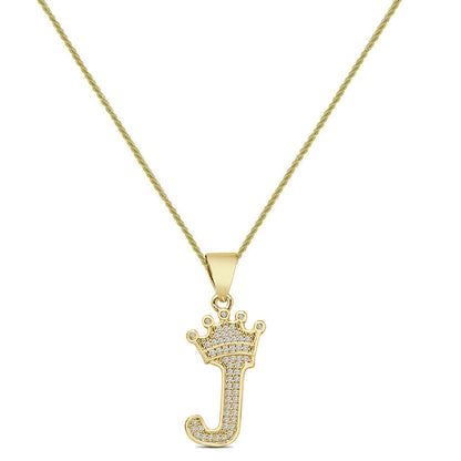 14K Yellow Gold Finish 1.00 Cwt. Simulated Diamond Crown Initial Letter Alphabet Unisex Charm Pendant Rope Chain Neckless Set Small 1.5''