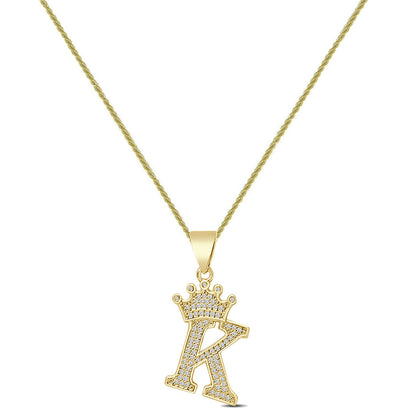 14K Yellow Gold Finish 1.00 Cwt. Simulated Diamond Crown Initial Letter Alphabet Unisex Charm Pendant Rope Chain Neckless Set Small 1.5''