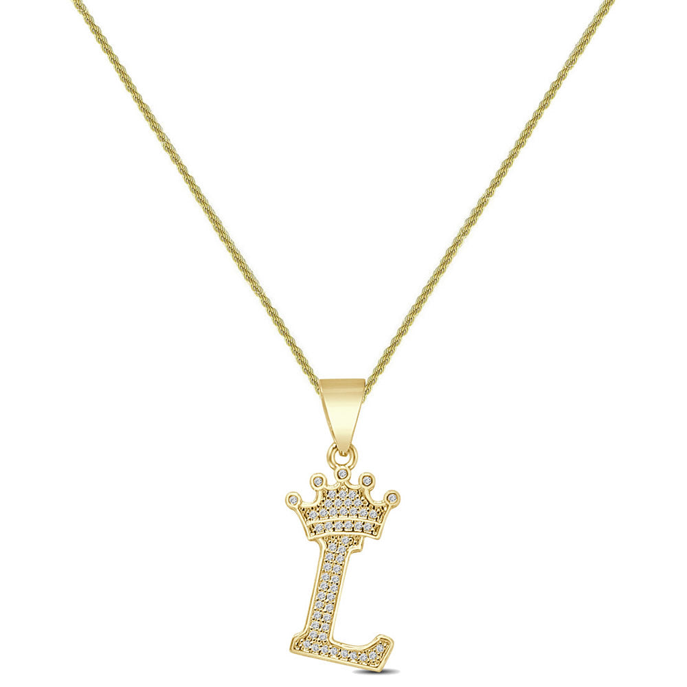 14K Yellow Gold Finish 1.00 Cwt. Simulated Diamond Crown Initial Letter Alphabet Unisex Charm Pendant Rope Chain Neckless Set Small 1.5''