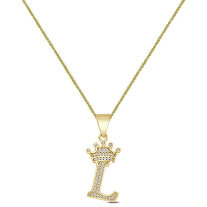 14K Yellow Gold Finish 1.00 Cwt. Simulated Diamond Crown Initial Letter Alphabet Unisex Charm Pendant Rope Chain Neckless Set Small 1.5''