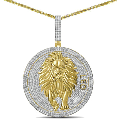 55+ Grams Big 2.80'' Real Silver Simulated Diamond 14K Gold Finish Astrological Zodiac Birth Symbol Sign Leo Lion Charm Pendant + Free Chain