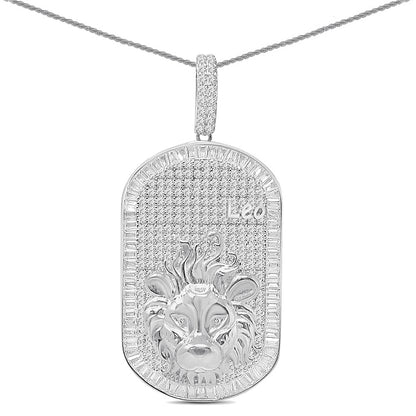 Authentic Sterling Silver 26+ Grams 2.25 Ctw. Baguette/Round Cut Simulated Diamond 14K White Gold On Zodiac Birth Sign Dog Tag Charm Pendant