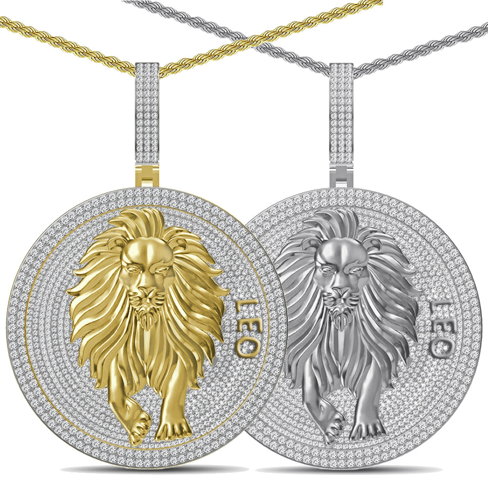 55+ Grams Big 2.80'' Real Silver Simulated Diamond 14K Gold Finish Astrological Zodiac Birth Symbol Sign Leo Lion Charm Pendant + Free Chain