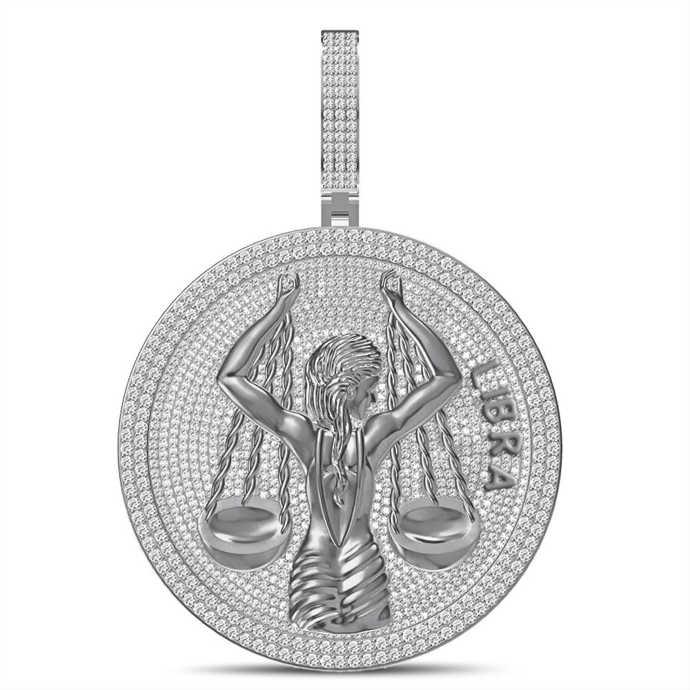 55+ Grams Big 2.80'' Real Silver Simulated Diamond 14K Gold Finish Astrological Zodiac Birth Symbol Sign Libra Charm Pendant + Free Chain