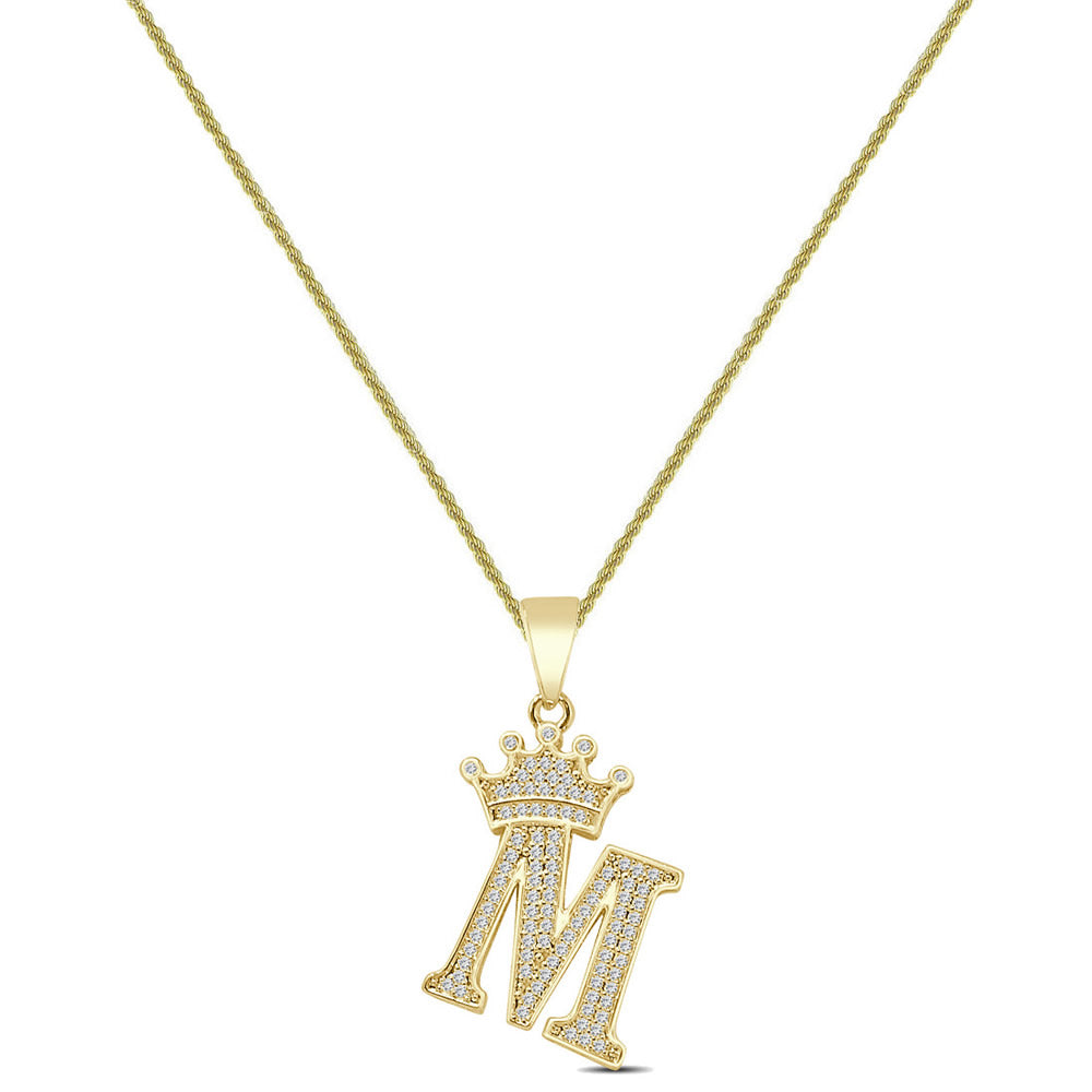 14K Yellow Gold Finish 1.00 Cwt. Simulated Diamond Crown Initial Letter Alphabet Unisex Charm Pendant Rope Chain Neckless Set Small 1.5''