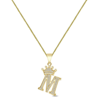 14K Yellow Gold Finish 1.00 Cwt. Simulated Diamond Crown Initial Letter Alphabet Unisex Charm Pendant Rope Chain Neckless Set Small 1.5''