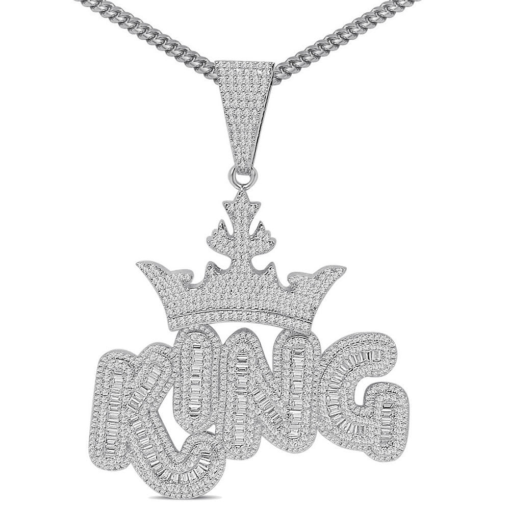 140+ Grams Big XL 4'' Custom Piece 14K Gold Finish 8.75 Ct. Baguette/Round Cut Simulated Diamond Royal King Crown Men's Pendant Charm +Chain