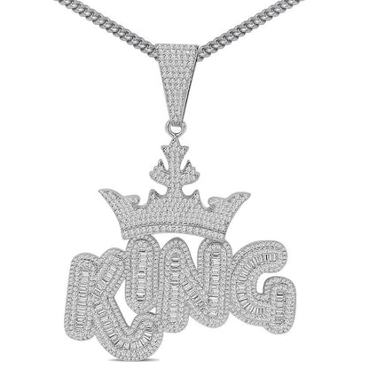 140+ Grams Big XL 4'' Custom Piece 14K Gold Finish 8.75 Ct. Baguette/Round Cut Simulated Diamond Royal King Crown Men's Pendant Charm +Chain