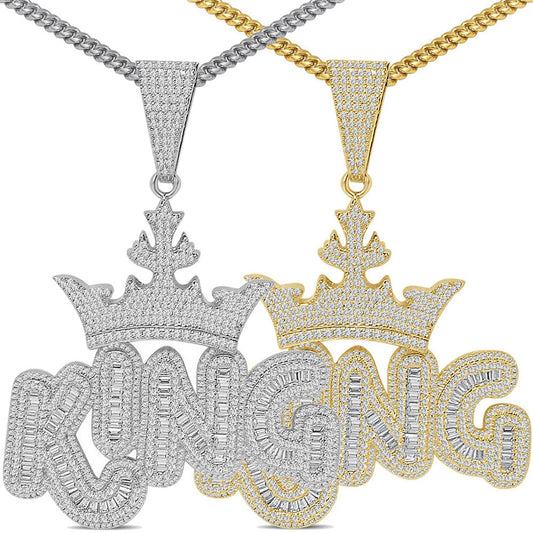 140+ Grams Big XL 4'' Custom Piece 14K Gold Finish 8.75 Ct. Baguette/Round Cut Simulated Diamond Royal King Crown Men's Pendant Charm +Chain