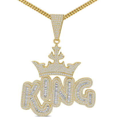 140+ Grams Big XL 4'' Custom Piece 14K Gold Finish 8.75 Ct. Baguette/Round Cut Simulated Diamond Royal King Crown Men's Pendant Charm +Chain