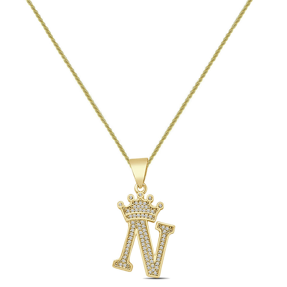 14K Yellow Gold Finish 1.00 Cwt. Simulated Diamond Crown Initial Letter Alphabet Unisex Charm Pendant Rope Chain Neckless Set Small 1.5''
