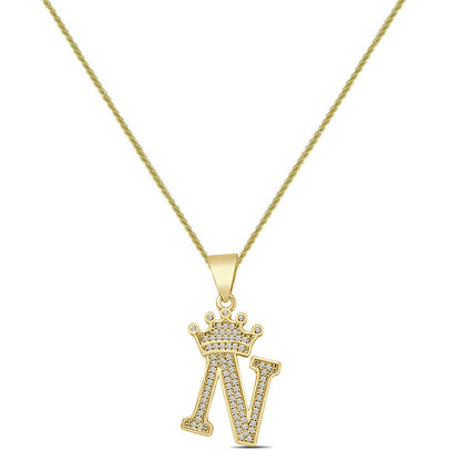 14K Yellow Gold Finish 1.00 Cwt. Simulated Diamond Crown Initial Letter Alphabet Unisex Charm Pendant Rope Chain Neckless Set Small 1.5''