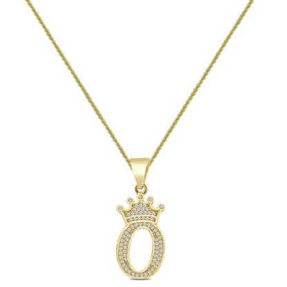 14K Yellow Gold Finish 1.00 Cwt. Simulated Diamond Crown Initial Letter Alphabet Unisex Charm Pendant Rope Chain Neckless Set Small 1.5''