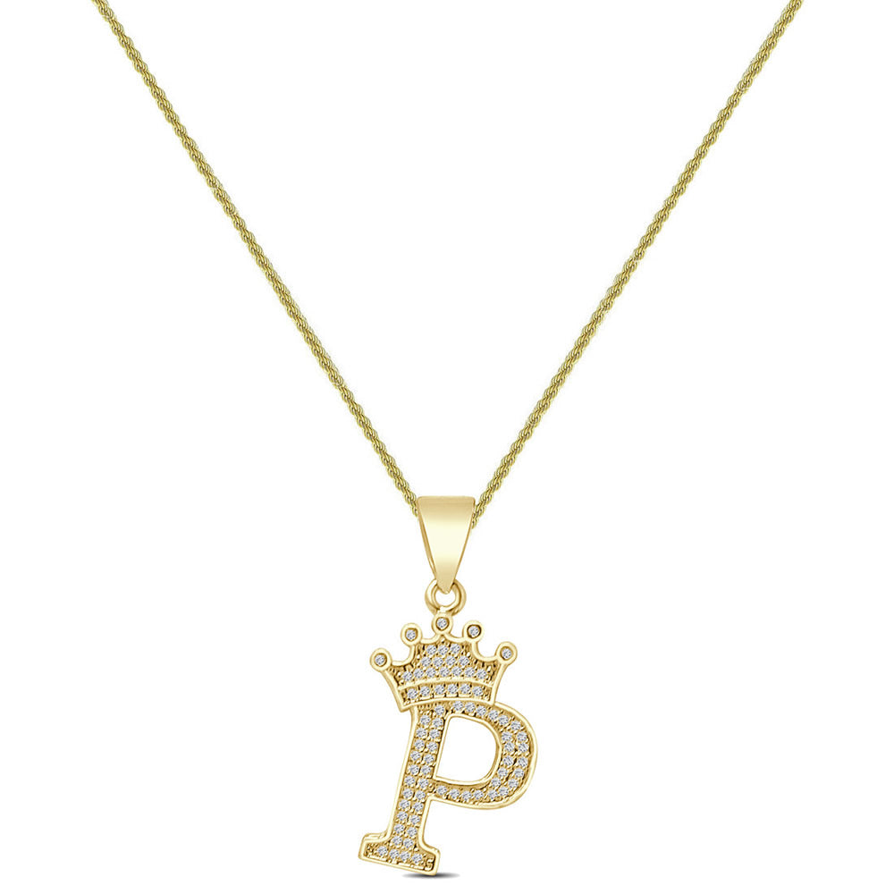 14K Yellow Gold Finish 1.00 Cwt. Simulated Diamond Crown Initial Letter Alphabet Unisex Charm Pendant Rope Chain Neckless Set Small 1.5''