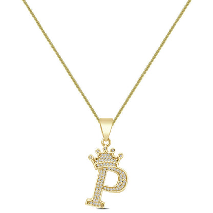 14K Yellow Gold Finish 1.00 Cwt. Simulated Diamond Crown Initial Letter Alphabet Unisex Charm Pendant Rope Chain Neckless Set Small 1.5''