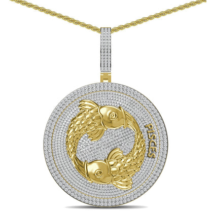 55+ Grams Big 2.80'' Real Silver Simulated Diamond 14K Gold Finish Astrological Zodiac Birth Symbol Sign Pisces Charm Pendant + Free Chain