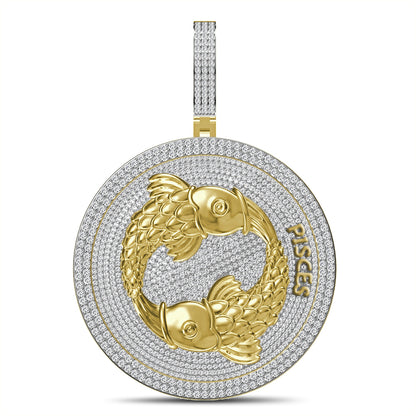 55+ Grams Big 2.80'' Real Silver Simulated Diamond 14K Gold Finish Astrological Zodiac Birth Symbol Sign Pisces Charm Pendant + Free Chain