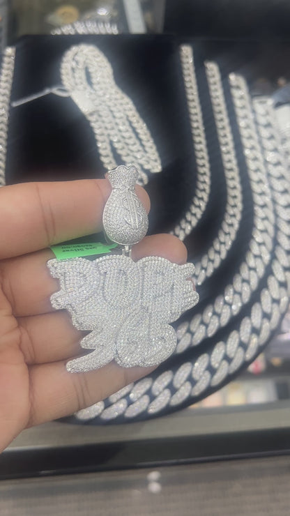 40+ Grams Genuine 10.88 Cwt. Certified VVS/D Hand Set Moissanite Diamond 14K White Gold FinishMicron Gold Finish Dope 365 Money Bag Pendant Charm Big 2.75''