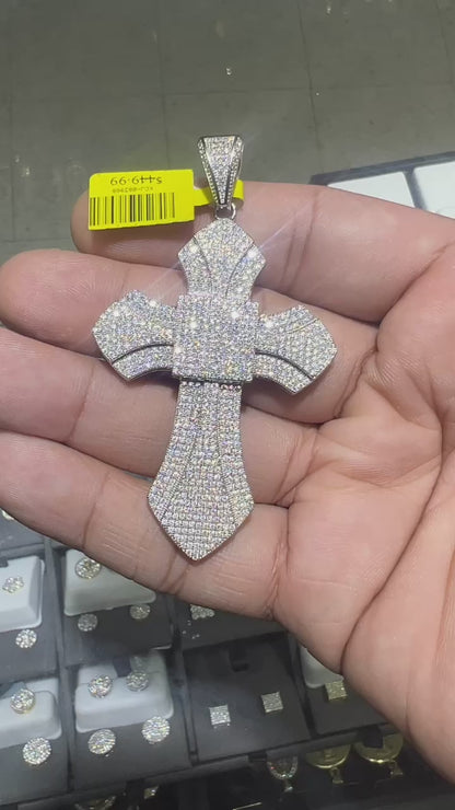 30+ Grams Big 3'' Hand Set Real Genuine 5.50 Cwt. Certified VVS/D Moissanite Diamond 14K White Gold Finish Jesus Cross Piece Pendant Charm +Chain