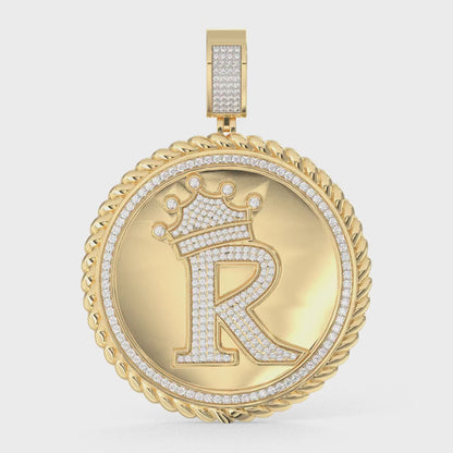 Real Genuine Authentic 1.75 Cwt. VVS1 MOISSANITE Diamond 32+ Grams Crown Initial Alphabet Letter Pendant Medallion 10K Gold On Charm + Chain