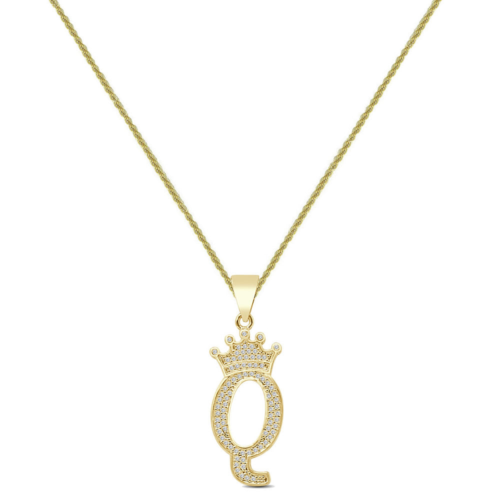 14K Yellow Gold Finish 1.00 Cwt. Simulated Diamond Crown Initial Letter Alphabet Unisex Charm Pendant Rope Chain Neckless Set Small 1.5''