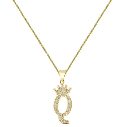 14K Yellow Gold Finish 1.00 Cwt. Simulated Diamond Crown Initial Letter Alphabet Unisex Charm Pendant Rope Chain Neckless Set Small 1.5''
