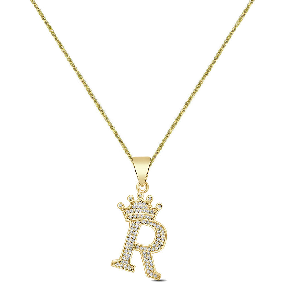 14K Yellow Gold Finish 1.00 Cwt. Simulated Diamond Crown Initial Letter Alphabet Unisex Charm Pendant Rope Chain Neckless Set Small 1.5''