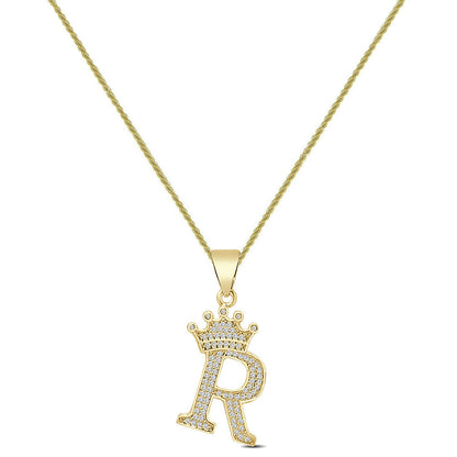 14K Yellow Gold Finish 1.00 Cwt. Simulated Diamond Crown Initial Letter Alphabet Unisex Charm Pendant Rope Chain Neckless Set Small 1.5''