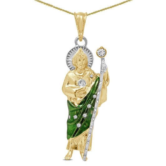 14K Gold Finish Simulated Diamond Saint Jude San Judas Tadeo Unisex Charm Religious Pendant Rope Chain Neckless Set 24 + Grams 3''
