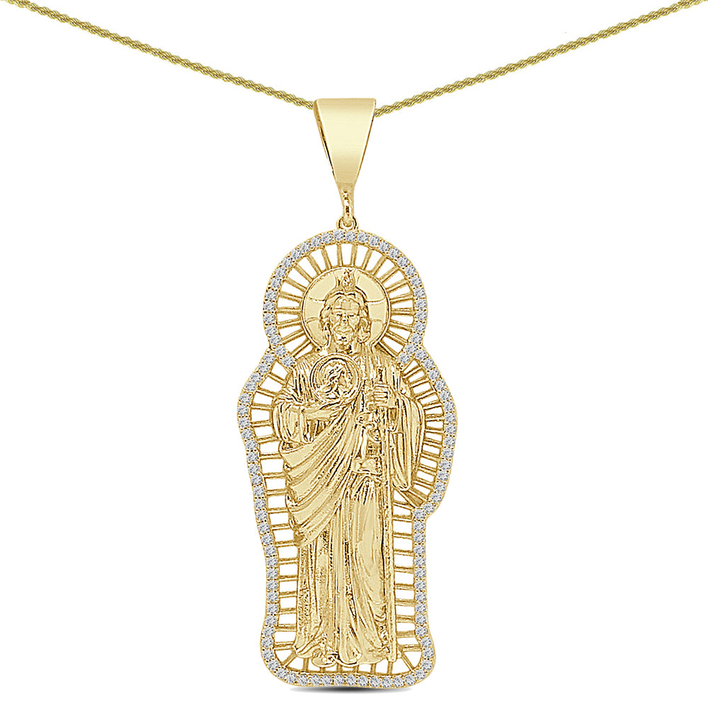 2.75'' 14K Gold Finish Simulated 1.00 Cwt. Diamond Saint Jude San Judas Tadeo Unisex Charm Religious Pendant Rope Chain Neckless 18+ Grams