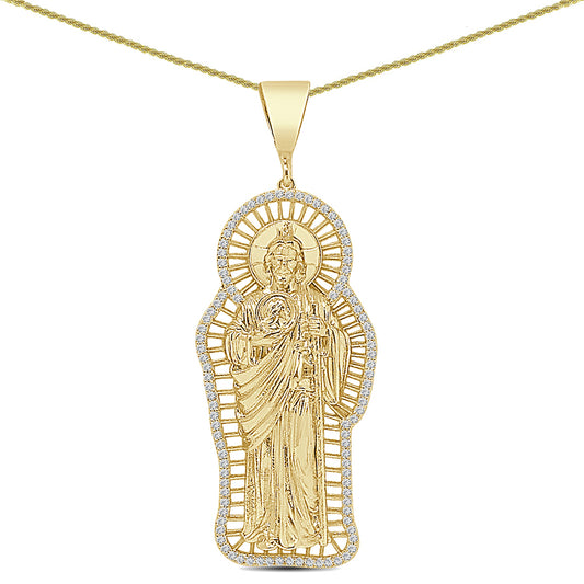 2.75'' 14K Gold Finish Simulated 1.00 Cwt. Diamond Saint Jude San Judas Tadeo Unisex Charm Religious Pendant Rope Chain Neckless 18+ Grams