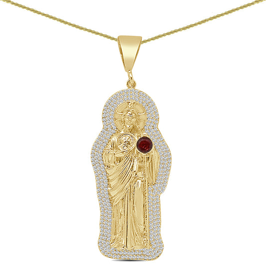 Unisex 2.75'' 14K Gold Finish Simulated Diamond 1.00 Cwt. Saint Jude San Judas Tadeo Religious Charm Pendant Rope Chain Neckless 18+ Grams