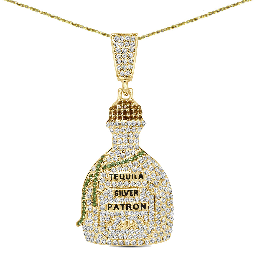 Big 3'' 34 + Grams 14K Gold Finish Simulated Diamond Tequila Patron Bottle Custom Pendant Charm Rope Chain Neckless Set