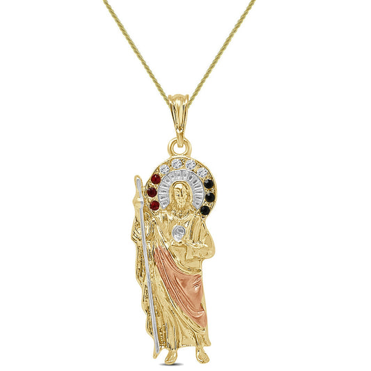 2.25'' 14K 2 Tone Gold Finish Simulated Diamond Saint Jude San Judas Tadeo Unisex Charm Religious Pendant Rope Chain Neckless Set 17+ Grams