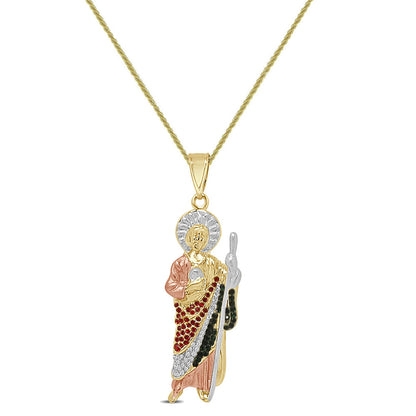 14K Gold Finish 1.25 Cwt. Simulated Diamond Saint Jude San Judas Tadeo Unisex Charm Religious Pendant Rope Chain Neckless Set 2.50''
