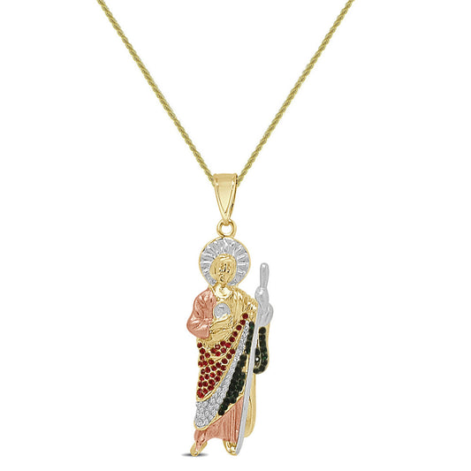 14K Gold Finish 1.25 Cwt. Simulated Diamond Saint Jude San Judas Tadeo Unisex Charm Religious Pendant Rope Chain Neckless Set 2.50''